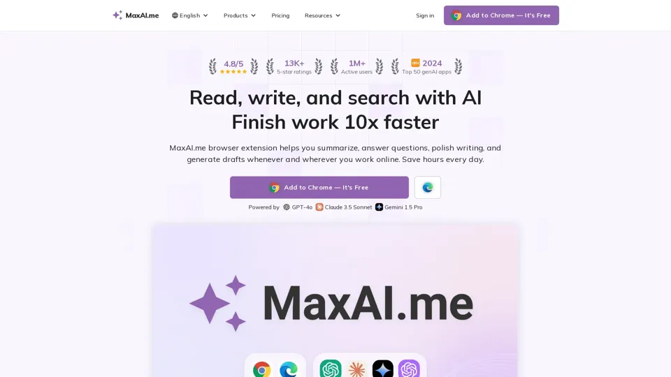 MaxAI.me: 1-Click AI Everywhere (GPT-4o, Claude 3, Gemini 1.5)