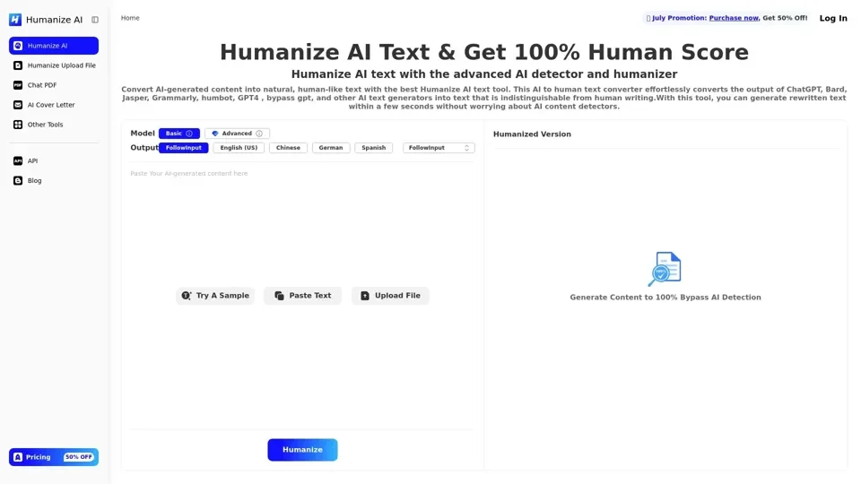 Humanize AI - Free AI Humanizer & Get 100% Human Score