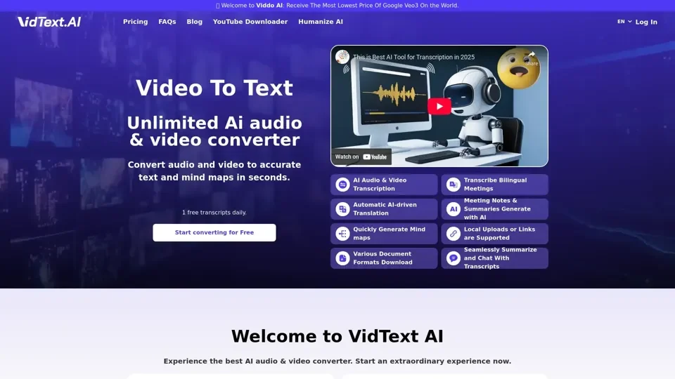 VidText AI -Video and Audio to Text Fast & Accurate.Free Ai Transcription Daily.