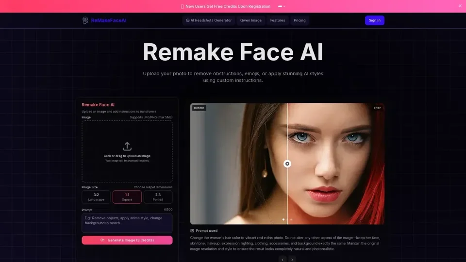 Remake Face AI - Free Trial! AI Face Transformation & Image Editing Tool