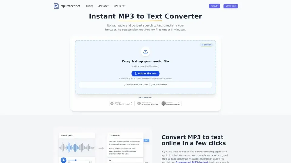 MP3 to Text Online — Download TXT or Export SRT | mp3totext.net