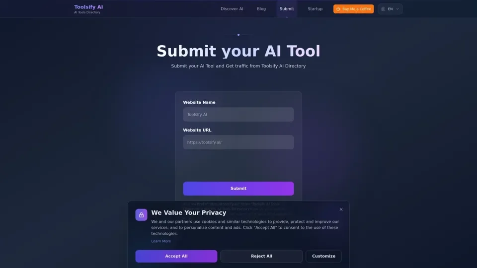 Submit your AI tool and get traffic | Toolsify AI Directory | Toolsify AI